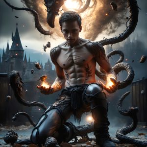 AI male art photos with a fantastical atmosphere. Imagine a Hogwarts School of Witchcraft student, from the Harry Potter series, a handsome, beautiful, and attractive, shirtless young teenage boy, standing firm against a threat. With a detailed Hogwarts castle background, casting a powerful spell, conjuring creatures based on their assigned house crest. From Demonic snakes, powerful lions, fierce badgers, or a murder of Crows. Dementors floating ominously in a cloudy sky, and sparks, shadows, and cinematic lighting, offering an otherworldly vibe.