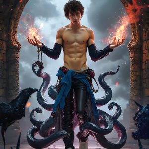 AI male art photos with a fantastical atmosphere. Imagine a Hogwarts School of Witchcraft student, from the Harry Potter series, a handsome, beautiful, and attractive, shirtless young teenage boy, standing firm against a threat. With a detailed Hogwarts castle background, casting a powerful spell, conjuring creatures based on their assigned house crest. From Demonic snakes, powerful lions, fierce badgers, or a murder of Crows. Dementors floating ominously in a cloudy sky, and sparks, shadows, and cinematic lighting, offering an otherworldly vibe.