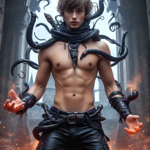 AI male art photos with a fantastical atmosphere. Imagine a Hogwarts School of Witchcraft student, from the Harry Potter series, a handsome, beautiful, and attractive, shirtless young teenage boy, standing firm against a threat. With a detailed Hogwarts castle background, casting a powerful spell, conjuring creatures based on their assigned house crest. From Demonic snakes, powerful lions, fierce badgers, or a murder of Crows. Dementors floating ominously in a cloudy sky, and sparks, shadows, and cinematic lighting, offering an otherworldly vibe.