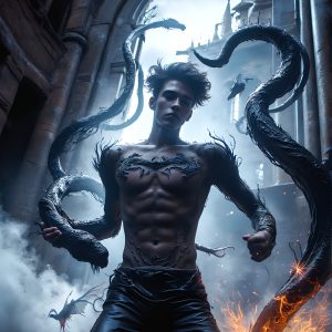 AI male art photos with a fantastical atmosphere. Imagine a Hogwarts School of Witchcraft student, from the Harry Potter series, a handsome, beautiful, and attractive, shirtless young teenage boy, standing firm against a threat. With a detailed Hogwarts castle background, casting a powerful spell, conjuring creatures based on their assigned house crest. From Demonic snakes, powerful lions, fierce badgers, or a murder of Crows. Dementors floating ominously in a cloudy sky, and sparks, shadows, and cinematic lighting, offering an otherworldly vibe.