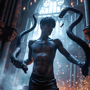 AI male art photos with a fantastical atmosphere. Imagine a Hogwarts School of Witchcraft student, from the Harry Potter series, a handsome, beautiful, and attractive, shirtless young teenage boy, standing firm against a threat. With a detailed Hogwarts castle background, casting a powerful spell, conjuring creatures based on their assigned house crest. From Demonic snakes, powerful lions, fierce badgers, or a murder of Crows. Dementors floating ominously in a cloudy sky, and sparks, shadows, and cinematic lighting, offering an otherworldly vibe.