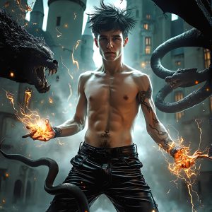 AI male art photos with a fantastical atmosphere. Imagine a Hogwarts School of Witchcraft student, from the Harry Potter series, a handsome, beautiful, and attractive, shirtless young teenage boy, standing firm against a threat. With a detailed Hogwarts castle background, casting a powerful spell, conjuring creatures based on their assigned house crest. From Demonic snakes, powerful lions, fierce badgers, or a murder of Crows. Dementors floating ominously in a cloudy sky, and sparks, shadows, and cinematic lighting, offering an otherworldly vibe.