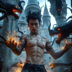 AI male art photos with a fantastical atmosphere. Imagine a Hogwarts School of Witchcraft student, from the Harry Potter series, a handsome, beautiful, and attractive, shirtless young teenage boy, standing firm against a threat. With a detailed Hogwarts castle background, casting a powerful spell, conjuring creatures based on their assigned house crest. From Demonic snakes, powerful lions, fierce badgers, or a murder of Crows. Dementors floating ominously in a cloudy sky, and sparks, shadows, and cinematic lighting, offering an otherworldly vibe.