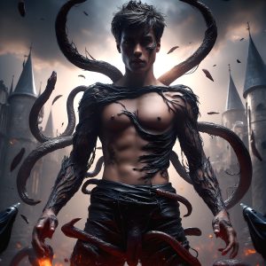 AI male art photos with a fantastical atmosphere. Imagine a Hogwarts School of Witchcraft student, from the Harry Potter series, a handsome, beautiful, and attractive, shirtless young teenage boy, standing firm against a threat. With a detailed Hogwarts castle background, casting a powerful spell, conjuring creatures based on their assigned house crest. From Demonic snakes, powerful lions, fierce badgers, or a murder of Crows. Dementors floating ominously in a cloudy sky, and sparks, shadows, and cinematic lighting, offering an otherworldly vibe.