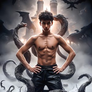 AI male art photos with a fantastical atmosphere. Imagine a Hogwarts School of Witchcraft student, from the Harry Potter series, a handsome, beautiful, and attractive, shirtless young teenage boy, standing firm against a threat. With a detailed Hogwarts castle background, casting a powerful spell, conjuring creatures based on their assigned house crest. From Demonic snakes, powerful lions, fierce badgers, or a murder of Crows. Dementors floating ominously in a cloudy sky, and sparks, shadows, and cinematic lighting, offering an otherworldly vibe.