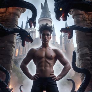 AI male art photos with a fantastical atmosphere. Imagine a Hogwarts School of Witchcraft student, from the Harry Potter series, a handsome, beautiful, and attractive, shirtless young teenage boy, standing firm against a threat. With a detailed Hogwarts castle background, casting a powerful spell, conjuring creatures based on their assigned house crest. From Demonic snakes, powerful lions, fierce badgers, or a murder of Crows. Dementors floating ominously in a cloudy sky, and sparks, shadows, and cinematic lighting, offering an otherworldly vibe.