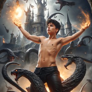 AI male art photos with a fantastical atmosphere. Imagine a Hogwarts School of Witchcraft student, from the Harry Potter series, a handsome, beautiful, and attractive, shirtless young teenage boy, standing firm against a threat. With a detailed Hogwarts castle background, casting a powerful spell, conjuring creatures based on their assigned house crest. From Demonic snakes, powerful lions, fierce badgers, or a murder of Crows. Dementors floating ominously in a cloudy sky, and sparks, shadows, and cinematic lighting, offering an otherworldly vibe.
