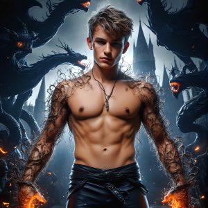 AI male art photos with a fantastical atmosphere. Imagine a Hogwarts School of Witchcraft student, from the Harry Potter series, a handsome, beautiful, and attractive, shirtless young teenage boy, standing firm against a threat. With a detailed Hogwarts castle background, casting a powerful spell, conjuring creatures based on their assigned house crest. From Demonic snakes, powerful lions, fierce badgers, or a murder of Crows. Dementors floating ominously in a cloudy sky, and sparks, shadows, and cinematic lighting, offering an otherworldly vibe.