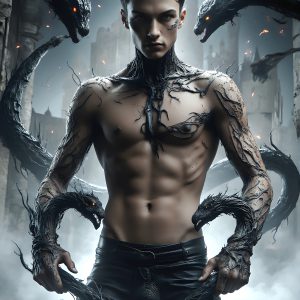 AI male art photos with a fantastical atmosphere. Imagine a Hogwarts School of Witchcraft student, from the Harry Potter series, a handsome, beautiful, and attractive, shirtless young teenage boy, standing firm against a threat. With a detailed Hogwarts castle background, casting a powerful spell, conjuring creatures based on their assigned house crest. From Demonic snakes, powerful lions, fierce badgers, or a murder of Crows. Dementors floating ominously in a cloudy sky, and sparks, shadows, and cinematic lighting, offering an otherworldly vibe.