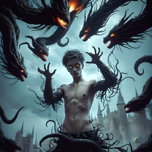 AI male art photos with a fantastical atmosphere. Imagine a Hogwarts School of Witchcraft student, from the Harry Potter series, a handsome, beautiful, and attractive, shirtless young teenage boy, standing firm against a threat. With a detailed Hogwarts castle background, casting a powerful spell, conjuring creatures based on their assigned house crest. From Demonic snakes, powerful lions, fierce badgers, or a murder of Crows. Dementors floating ominously in a cloudy sky, and sparks, shadows, and cinematic lighting, offering an otherworldly vibe.