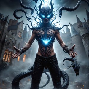 AI male art photos with a fantastical atmosphere. Imagine a Hogwarts School of Witchcraft student, from the Harry Potter series, a handsome, beautiful, and attractive, shirtless young teenage boy, standing firm against a threat. With a detailed Hogwarts castle background, casting a powerful spell, conjuring creatures based on their assigned house crest. From Demonic snakes, powerful lions, fierce badgers, or a murder of Crows. Dementors floating ominously in a cloudy sky, and sparks, shadows, and cinematic lighting, offering an otherworldly vibe.