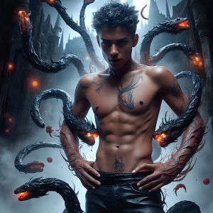 AI male art photos with a fantastical atmosphere. Imagine a Hogwarts School of Witchcraft student, from the Harry Potter series, a handsome, beautiful, and attractive, shirtless young teenage boy, standing firm against a threat. With a detailed Hogwarts castle background, casting a powerful spell, conjuring creatures based on their assigned house crest. From Demonic snakes, powerful lions, fierce badgers, or a murder of Crows. Dementors floating ominously in a cloudy sky, and sparks, shadows, and cinematic lighting, offering an otherworldly vibe.