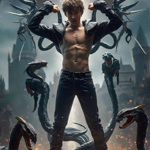 AI male art photos with a fantastical atmosphere. Imagine a Hogwarts School of Witchcraft student, from the Harry Potter series, a handsome, beautiful, and attractive, shirtless young teenage boy, standing firm against a threat. With a detailed Hogwarts castle background, casting a powerful spell, conjuring creatures based on their assigned house crest. From Demonic snakes, powerful lions, fierce badgers, or a murder of Crows. Dementors floating ominously in a cloudy sky, and sparks, shadows, and cinematic lighting, offering an otherworldly vibe.