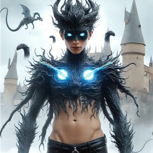 AI male art photos with a fantastical atmosphere. Imagine a Hogwarts School of Witchcraft student, from the Harry Potter series, a handsome, beautiful, and attractive, shirtless young teenage boy, standing firm against a threat. With a detailed Hogwarts castle background, casting a powerful spell, conjuring creatures based on their assigned house crest. From Demonic snakes, powerful lions, fierce badgers, or a murder of Crows. Dementors floating ominously in a cloudy sky, and sparks, shadows, and cinematic lighting, offering an otherworldly vibe.