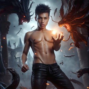 AI male art photos with a fantastical atmosphere. Imagine a Hogwarts School of Witchcraft student, from the Harry Potter series, a handsome, beautiful, and attractive, shirtless young teenage boy, standing firm against a threat. With a detailed Hogwarts castle background, casting a powerful spell, conjuring creatures based on their assigned house crest. From Demonic snakes, powerful lions, fierce badgers, or a murder of Crows. Dementors floating ominously in a cloudy sky, and sparks, shadows, and cinematic lighting, offering an otherworldly vibe.