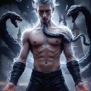 AI male art photos with a fantastical atmosphere. Imagine a Hogwarts School of Witchcraft student, from the Harry Potter series, a handsome, beautiful, and attractive, shirtless young teenage boy, standing firm against a threat. With a detailed Hogwarts castle background, casting a powerful spell, conjuring creatures based on their assigned house crest. From Demonic snakes, powerful lions, fierce badgers, or a murder of Crows. Dementors floating ominously in a cloudy sky, and sparks, shadows, and cinematic lighting, offering an otherworldly vibe.