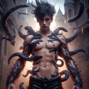 AI male art photos with a fantastical atmosphere. Imagine a Hogwarts School of Witchcraft student, from the Harry Potter series, a handsome, beautiful, and attractive, shirtless young teenage boy, standing firm against a threat. With a detailed Hogwarts castle background, casting a powerful spell, conjuring creatures based on their assigned house crest. From Demonic snakes, powerful lions, fierce badgers, or a murder of Crows. Dementors floating ominously in a cloudy sky, and sparks, shadows, and cinematic lighting, offering an otherworldly vibe.