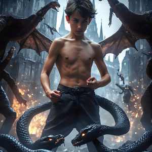 AI male art photos with a fantastical atmosphere. Imagine a Hogwarts School of Witchcraft student, from the Harry Potter series, a handsome, beautiful, and attractive, shirtless young teenage boy, standing firm against a threat. With a detailed Hogwarts castle background, casting a powerful spell, conjuring creatures based on their assigned house crest. From Demonic snakes, powerful lions, fierce badgers, or a murder of Crows. Dementors floating ominously in a cloudy sky, and sparks, shadows, and cinematic lighting, offering an otherworldly vibe.