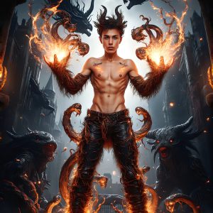 AI male art photos with a fantastical atmosphere. Imagine a Hogwarts School of Witchcraft student, from the Harry Potter series, a handsome, beautiful, and attractive, shirtless young teenage boy, standing firm against a threat. With a detailed Hogwarts castle background, casting a powerful spell, conjuring creatures based on their assigned house crest. From Demonic snakes, powerful lions, fierce badgers, or a murder of Crows. Dementors floating ominously in a cloudy sky, and sparks, shadows, and cinematic lighting, offering an otherworldly vibe.