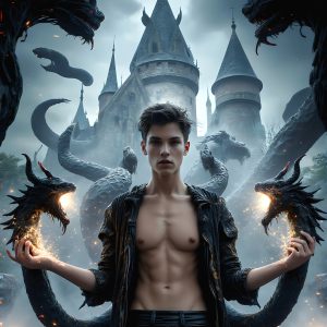 AI male art photos with a fantastical atmosphere. Imagine a Hogwarts School of Witchcraft student, from the Harry Potter series, a handsome, beautiful, and attractive, shirtless young teenage boy, standing firm against a threat. With a detailed Hogwarts castle background, casting a powerful spell, conjuring creatures based on their assigned house crest. From Demonic snakes, powerful lions, fierce badgers, or a murder of Crows. Dementors floating ominously in a cloudy sky, and sparks, shadows, and cinematic lighting, offering an otherworldly vibe.
