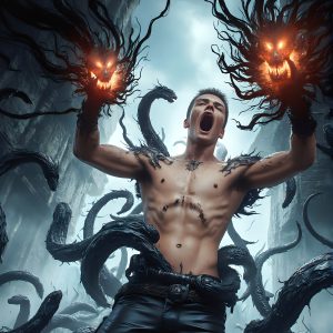 AI male art photos with a fantastical atmosphere. Imagine a Hogwarts School of Witchcraft student, from the Harry Potter series, a handsome, beautiful, and attractive, shirtless young teenage boy, standing firm against a threat. With a detailed Hogwarts castle background, casting a powerful spell, conjuring creatures based on their assigned house crest. From Demonic snakes, powerful lions, fierce badgers, or a murder of Crows. Dementors floating ominously in a cloudy sky, and sparks, shadows, and cinematic lighting, offering an otherworldly vibe.