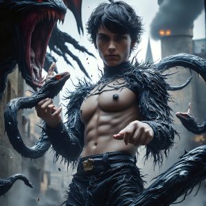 AI male art photos with a fantastical atmosphere. Imagine a Hogwarts School of Witchcraft student, from the Harry Potter series, a handsome, beautiful, and attractive, shirtless young teenage boy, standing firm against a threat. With a detailed Hogwarts castle background, casting a powerful spell, conjuring creatures based on their assigned house crest. From Demonic snakes, powerful lions, fierce badgers, or a murder of Crows. Dementors floating ominously in a cloudy sky, and sparks, shadows, and cinematic lighting, offering an otherworldly vibe.