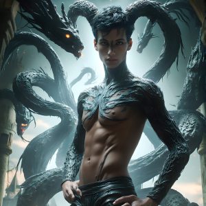 AI male art photos with a fantastical atmosphere. Imagine a Hogwarts School of Witchcraft student, from the Harry Potter series, a handsome, beautiful, and attractive, shirtless young teenage boy, standing firm against a threat. With a detailed Hogwarts castle background, casting a powerful spell, conjuring creatures based on their assigned house crest. From Demonic snakes, powerful lions, fierce badgers, or a murder of Crows. Dementors floating ominously in a cloudy sky, and sparks, shadows, and cinematic lighting, offering an otherworldly vibe.