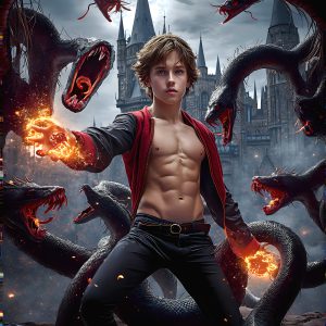 AI male art photos with a fantastical atmosphere. Imagine a Hogwarts School of Witchcraft student, from the Harry Potter series, a handsome, beautiful, and attractive, shirtless young teenage boy, standing firm against a threat. With a detailed Hogwarts castle background, casting a powerful spell, conjuring creatures based on their assigned house crest. From Demonic snakes, powerful lions, fierce badgers, or a murder of Crows. Dementors floating ominously in a cloudy sky, and sparks, shadows, and cinematic lighting, offering an otherworldly vibe.