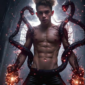 AI male art photos with a fantastical atmosphere. Imagine a Hogwarts School of Witchcraft student, from the Harry Potter series, a handsome, beautiful, and attractive, shirtless young teenage boy, standing firm against a threat. With a detailed Hogwarts castle background, casting a powerful spell, conjuring creatures based on their assigned house crest. From Demonic snakes, powerful lions, fierce badgers, or a murder of Crows. Dementors floating ominously in a cloudy sky, and sparks, shadows, and cinematic lighting, offering an otherworldly vibe.