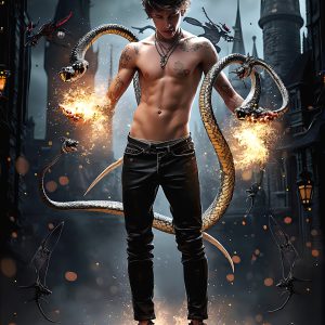 AI male art photos with a fantastical atmosphere. Imagine a Hogwarts School of Witchcraft student, from the Harry Potter series, a handsome, beautiful, and attractive, shirtless young teenage boy, standing firm against a threat. With a detailed Hogwarts castle background, casting a powerful spell, conjuring creatures based on their assigned house crest. From Demonic snakes, powerful lions, fierce badgers, or a murder of Crows. Dementors floating ominously in a cloudy sky, and sparks, shadows, and cinematic lighting, offering an otherworldly vibe.