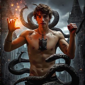 AI male art photos with a fantastical atmosphere. Imagine a Hogwarts School of Witchcraft student, from the Harry Potter series, a handsome, beautiful, and attractive, shirtless young teenage boy, standing firm against a threat. With a detailed Hogwarts castle background, casting a powerful spell, conjuring creatures based on their assigned house crest. From Demonic snakes, powerful lions, fierce badgers, or a murder of Crows. Dementors floating ominously in a cloudy sky, and sparks, shadows, and cinematic lighting, offering an otherworldly vibe.