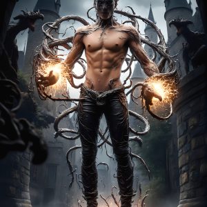 AI male art photos with a fantastical atmosphere. Imagine a Hogwarts School of Witchcraft student, from the Harry Potter series, a handsome, beautiful, and attractive, shirtless young teenage boy, standing firm against a threat. With a detailed Hogwarts castle background, casting a powerful spell, conjuring creatures based on their assigned house crest. From Demonic snakes, powerful lions, fierce badgers, or a murder of Crows. Dementors floating ominously in a cloudy sky, and sparks, shadows, and cinematic lighting, offering an otherworldly vibe.