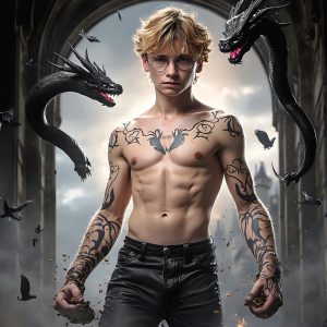 AI male art photos with a fantastical atmosphere. Imagine a Hogwarts School of Witchcraft student, from the Harry Potter series, a handsome, beautiful, and attractive, shirtless young teenage boy, standing firm against a threat. With a detailed Hogwarts castle background, casting a powerful spell, conjuring creatures based on their assigned house crest. From Demonic snakes, powerful lions, fierce badgers, or a murder of Crows. Dementors floating ominously in a cloudy sky, and sparks, shadows, and cinematic lighting, offering an otherworldly vibe.