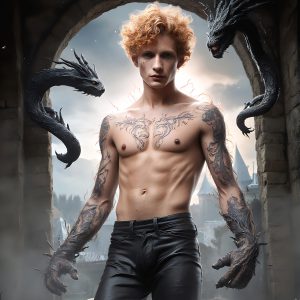 AI male art photos with a fantastical atmosphere. Imagine a Hogwarts School of Witchcraft student, from the Harry Potter series, a handsome, beautiful, and attractive, shirtless young teenage boy, standing firm against a threat. With a detailed Hogwarts castle background, casting a powerful spell, conjuring creatures based on their assigned house crest. From Demonic snakes, powerful lions, fierce badgers, or a murder of Crows. Dementors floating ominously in a cloudy sky, and sparks, shadows, and cinematic lighting, offering an otherworldly vibe.