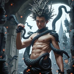 AI male art photos with a fantastical atmosphere. Imagine a Hogwarts School of Witchcraft student, from the Harry Potter series, a handsome, beautiful, and attractive, shirtless young teenage boy, standing firm against a threat. With a detailed Hogwarts castle background, casting a powerful spell, conjuring creatures based on their assigned house crest. From Demonic snakes, powerful lions, fierce badgers, or a murder of Crows. Dementors floating ominously in a cloudy sky, and sparks, shadows, and cinematic lighting, offering an otherworldly vibe.