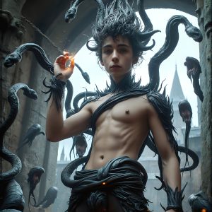 AI male art photos with a fantastical atmosphere. Imagine a Hogwarts School of Witchcraft student, from the Harry Potter series, a handsome, beautiful, and attractive, shirtless young teenage boy, standing firm against a threat. With a detailed Hogwarts castle background, casting a powerful spell, conjuring creatures based on their assigned house crest. From Demonic snakes, powerful lions, fierce badgers, or a murder of Crows. Dementors floating ominously in a cloudy sky, and sparks, shadows, and cinematic lighting, offering an otherworldly vibe.