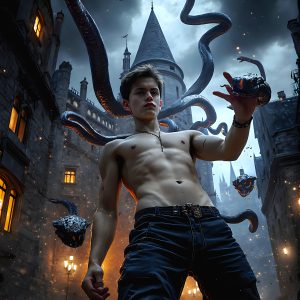 AI male art photos with a fantastical atmosphere. Imagine a Hogwarts School of Witchcraft student, from the Harry Potter series, a handsome, beautiful, and attractive, shirtless young teenage boy, standing firm against a threat. With a detailed Hogwarts castle background, casting a powerful spell, conjuring creatures based on their assigned house crest. From Demonic snakes, powerful lions, fierce badgers, or a murder of Crows. Dementors floating ominously in a cloudy sky, and sparks, shadows, and cinematic lighting, offering an otherworldly vibe.