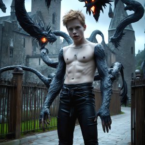 AI male art photos with a fantastical atmosphere. Imagine a Hogwarts School of Witchcraft student, from the Harry Potter series, a handsome, beautiful, and attractive, shirtless young teenage boy, standing firm against a threat. With a detailed Hogwarts castle background, casting a powerful spell, conjuring creatures based on their assigned house crest. From Demonic snakes, powerful lions, fierce badgers, or a murder of Crows. Dementors floating ominously in a cloudy sky, and sparks, shadows, and cinematic lighting, offering an otherworldly vibe.