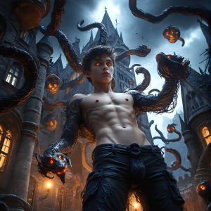 AI male art photos with a fantastical atmosphere. Imagine a Hogwarts School of Witchcraft student, from the Harry Potter series, a handsome, beautiful, and attractive, shirtless young teenage boy, standing firm against a threat. With a detailed Hogwarts castle background, casting a powerful spell, conjuring creatures based on their assigned house crest. From Demonic snakes, powerful lions, fierce badgers, or a murder of Crows. Dementors floating ominously in a cloudy sky, and sparks, shadows, and cinematic lighting, offering an otherworldly vibe.