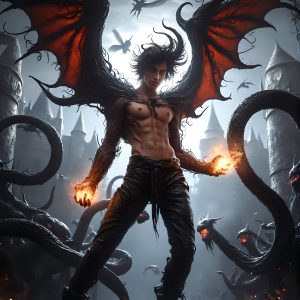 AI male art photos with a fantastical atmosphere. Imagine a Hogwarts School of Witchcraft student, from the Harry Potter series, a handsome, beautiful, and attractive, shirtless young teenage boy, standing firm against a threat. With a detailed Hogwarts castle background, casting a powerful spell, conjuring creatures based on their assigned house crest. From Demonic snakes, powerful lions, fierce badgers, or a murder of Crows. Dementors floating ominously in a cloudy sky, and sparks, shadows, and cinematic lighting, offering an otherworldly vibe.