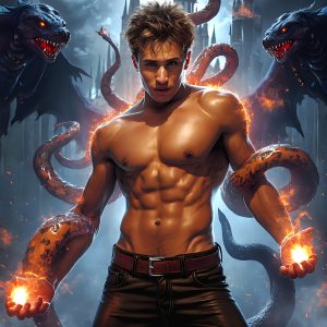 AI male art photos with a fantastical atmosphere. Imagine a Hogwarts School of Witchcraft student, from the Harry Potter series, a handsome, beautiful, and attractive, shirtless young teenage boy, standing firm against a threat. With a detailed Hogwarts castle background, casting a powerful spell, conjuring creatures based on their assigned house crest. From Demonic snakes, powerful lions, fierce badgers, or a murder of Crows. Dementors floating ominously in a cloudy sky, and sparks, shadows, and cinematic lighting, offering an otherworldly vibe.