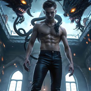 AI male art photos with a fantastical atmosphere. Imagine a Hogwarts School of Witchcraft student, from the Harry Potter series, a handsome, beautiful, and attractive, shirtless young teenage boy, standing firm against a threat. With a detailed Hogwarts castle background, casting a powerful spell, conjuring creatures based on their assigned house crest. From Demonic snakes, powerful lions, fierce badgers, or a murder of Crows. Dementors floating ominously in a cloudy sky, and sparks, shadows, and cinematic lighting, offering an otherworldly vibe.