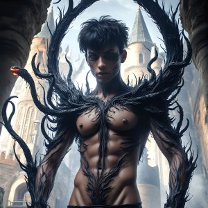 AI male art photos with a fantastical atmosphere. Imagine a Hogwarts School of Witchcraft student, from the Harry Potter series, a handsome, beautiful, and attractive, shirtless young teenage boy, standing firm against a threat. With a detailed Hogwarts castle background, casting a powerful spell, conjuring creatures based on their assigned house crest. From Demonic snakes, powerful lions, fierce badgers, or a murder of Crows. Dementors floating ominously in a cloudy sky, and sparks, shadows, and cinematic lighting, offering an otherworldly vibe.