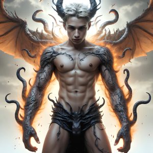 AI male art photos with a fantastical atmosphere. Imagine a Hogwarts School of Witchcraft student, from the Harry Potter series, a handsome, beautiful, and attractive, shirtless young teenage boy, standing firm against a threat. With a detailed Hogwarts castle background, casting a powerful spell, conjuring creatures based on their assigned house crest. From Demonic snakes, powerful lions, fierce badgers, or a murder of Crows. Dementors floating ominously in a cloudy sky, and sparks, shadows, and cinematic lighting, offering an otherworldly vibe.