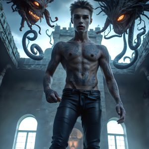 AI male art photos with a fantastical atmosphere. Imagine a Hogwarts School of Witchcraft student, from the Harry Potter series, a handsome, beautiful, and attractive, shirtless young teenage boy, standing firm against a threat. With a detailed Hogwarts castle background, casting a powerful spell, conjuring creatures based on their assigned house crest. From Demonic snakes, powerful lions, fierce badgers, or a murder of Crows. Dementors floating ominously in a cloudy sky, and sparks, shadows, and cinematic lighting, offering an otherworldly vibe.