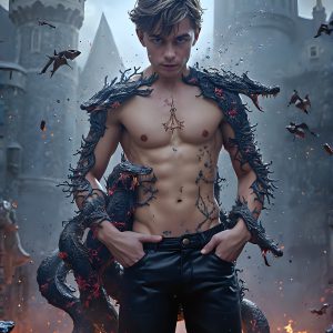 AI male art photos with a fantastical atmosphere. Imagine a Hogwarts School of Witchcraft student, from the Harry Potter series, a handsome, beautiful, and attractive, shirtless young teenage boy, standing firm against a threat. With a detailed Hogwarts castle background, casting a powerful spell, conjuring creatures based on their assigned house crest. From Demonic snakes, powerful lions, fierce badgers, or a murder of Crows. Dementors floating ominously in a cloudy sky, and sparks, shadows, and cinematic lighting, offering an otherworldly vibe.