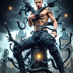 AI male art photos with a fantastical atmosphere. Imagine a Hogwarts School of Witchcraft student, from the Harry Potter series, a handsome, beautiful, and attractive, shirtless young teenage boy, standing firm against a threat. With a detailed Hogwarts castle background, casting a powerful spell, conjuring creatures based on their assigned house crest. From Demonic snakes, powerful lions, fierce badgers, or a murder of Crows. Dementors floating ominously in a cloudy sky, and sparks, shadows, and cinematic lighting, offering an otherworldly vibe.