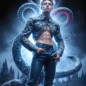 AI male art photos with a fantastical atmosphere. Imagine a Hogwarts School of Witchcraft student, from the Harry Potter series, a handsome, beautiful, and attractive, shirtless young teenage boy, standing firm against a threat. With a detailed Hogwarts castle background, casting a powerful spell, conjuring creatures based on their assigned house crest. From Demonic snakes, powerful lions, fierce badgers, or a murder of Crows. Dementors floating ominously in a cloudy sky, and sparks, shadows, and cinematic lighting, offering an otherworldly vibe.