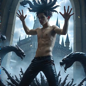 AI male art photos with a fantastical atmosphere. Imagine a Hogwarts School of Witchcraft student, from the Harry Potter series, a handsome, beautiful, and attractive, shirtless young teenage boy, standing firm against a threat. With a detailed Hogwarts castle background, casting a powerful spell, conjuring creatures based on their assigned house crest. From Demonic snakes, powerful lions, fierce badgers, or a murder of Crows. Dementors floating ominously in a cloudy sky, and sparks, shadows, and cinematic lighting, offering an otherworldly vibe.