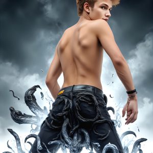 AI male art photos with a fantastical atmosphere. Imagine a Hogwarts School of Witchcraft student, from the Harry Potter series, a handsome, beautiful, and attractive, shirtless young teenage boy, standing firm against a threat. With a detailed Hogwarts castle background, casting a powerful spell, conjuring creatures based on their assigned house crest. From Demonic snakes, powerful lions, fierce badgers, or a murder of Crows. Dementors floating ominously in a cloudy sky, and sparks, shadows, and cinematic lighting, offering an otherworldly vibe.